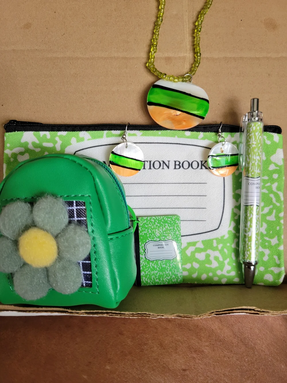 Kids Green Flower Coin Purse with Matching Necklace & Earrings Set